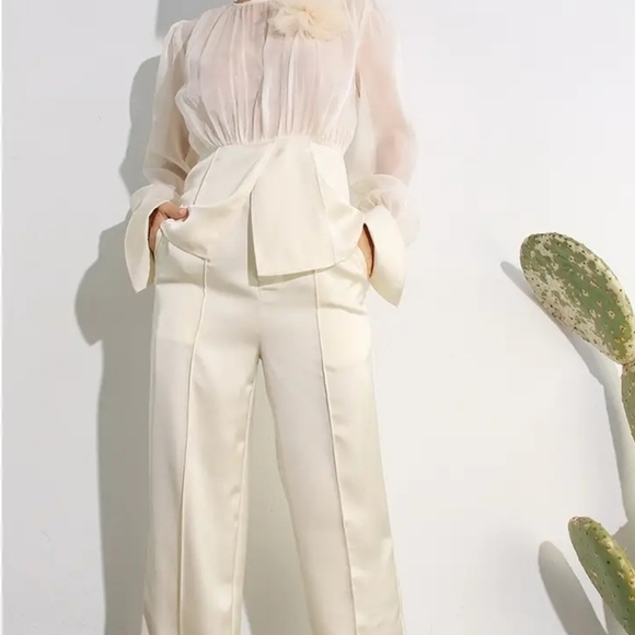 Sheer & Satin Elegant Pants and Blouse Set - Picture 4 of 7